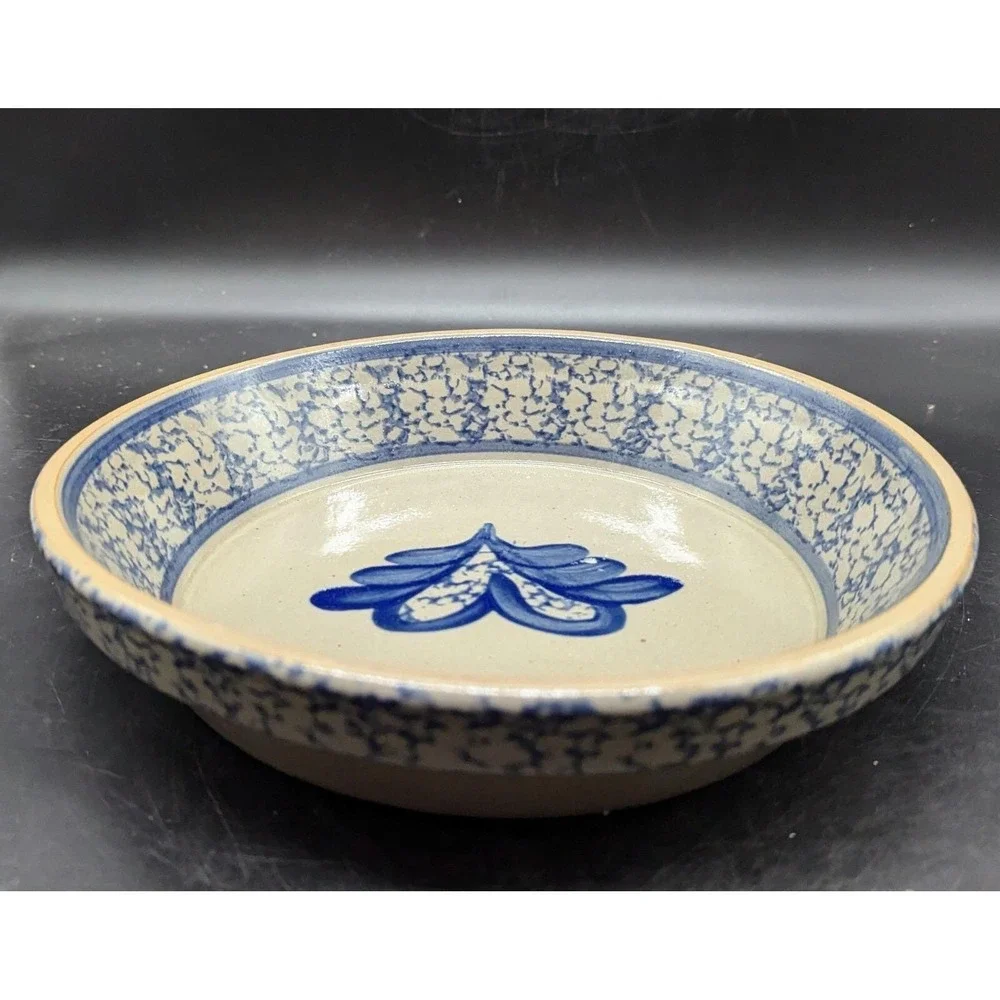Salt Glazed Pottery Heart Plate Spongeware‎ Cobalt Blue 9.75